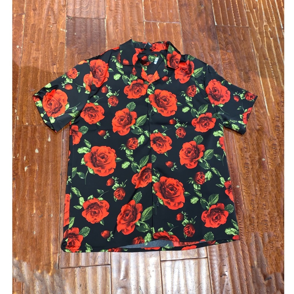 š¹VALENTINES CLASSIC FIT SATIN ROSE PRINT SHIRT - Picture 4 of 5